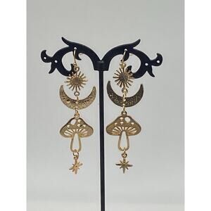 Mushroom Sun Moon Star Boho Whimsical Gold Tone Dangle Statement Earrings Fun